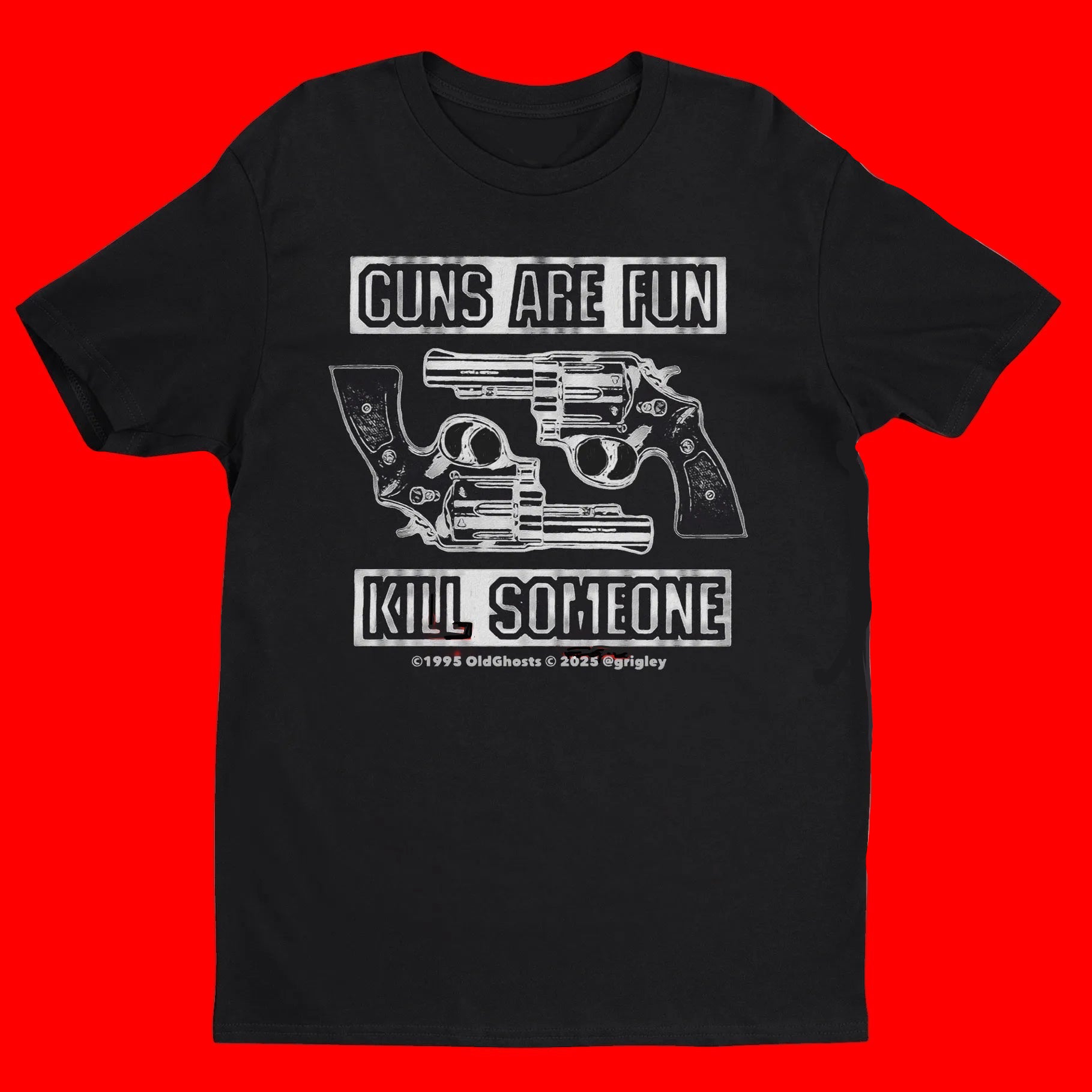 Black t-shirt with white graphic of revolvers and text on a white background