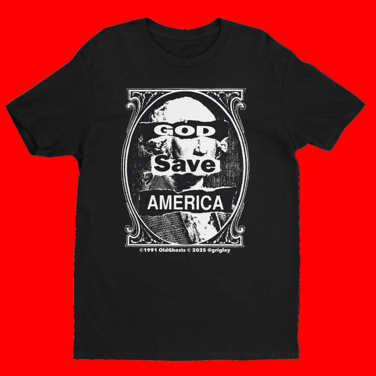 Black t-shirt with graphic design and text 'God Save America' on a white background