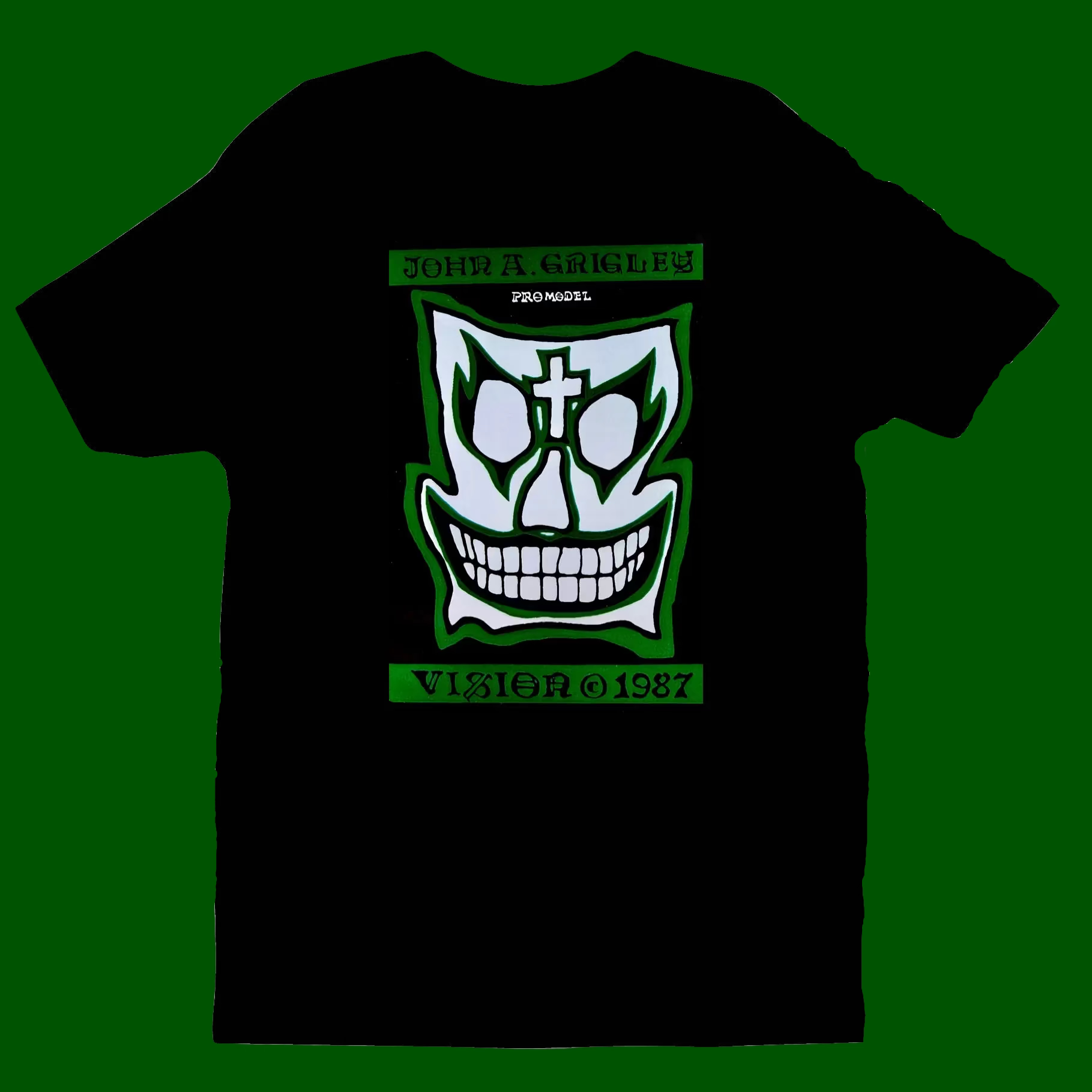 Black Skateboarding t-shirt with a white and green graphic design on a white background. Vision Skates John Grigley 1897