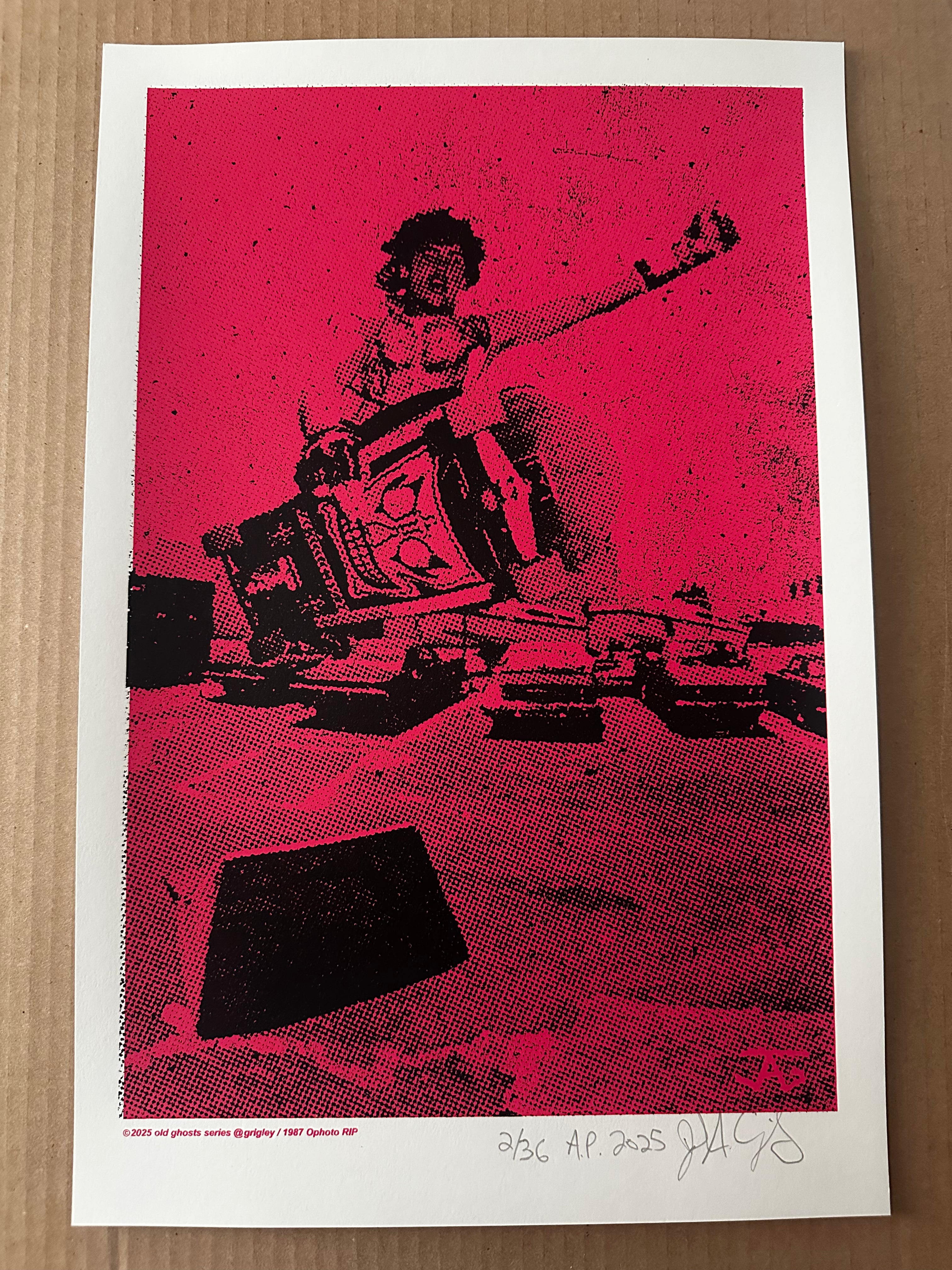 Art print with a stylized illustration of a person on a skateboard on a pink background, signed by the artist in the corner.