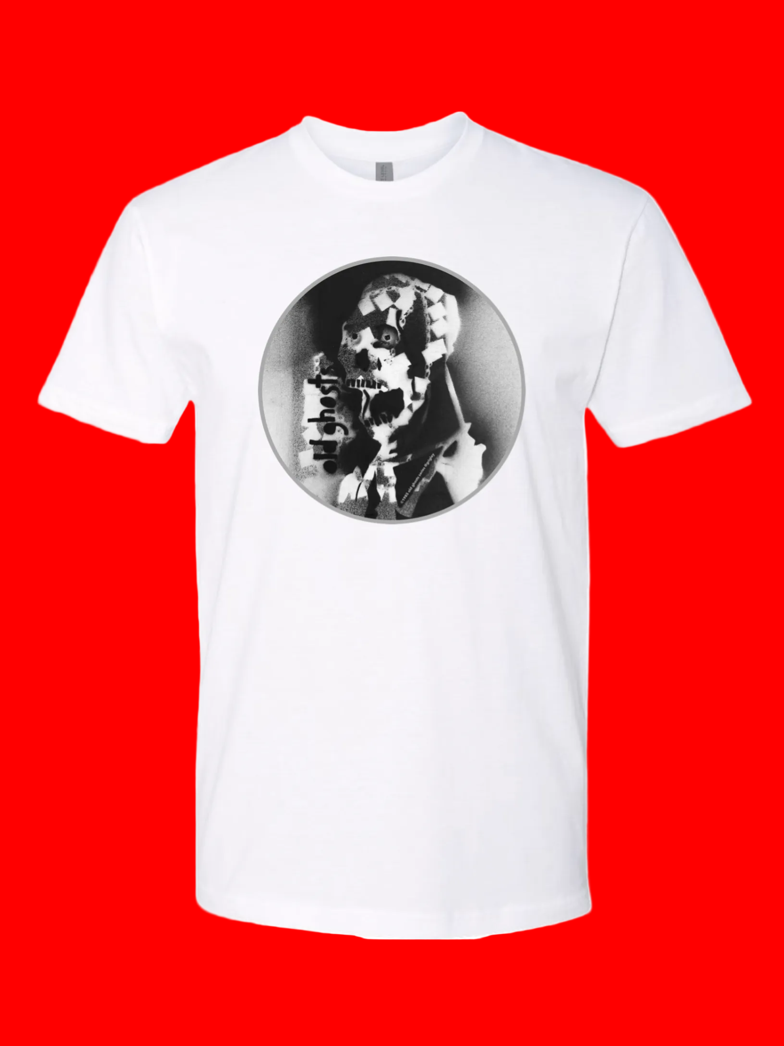 1985 OGS Spray Paint Chain Skull Circle Logo White Short Sleeve Tee Shirts