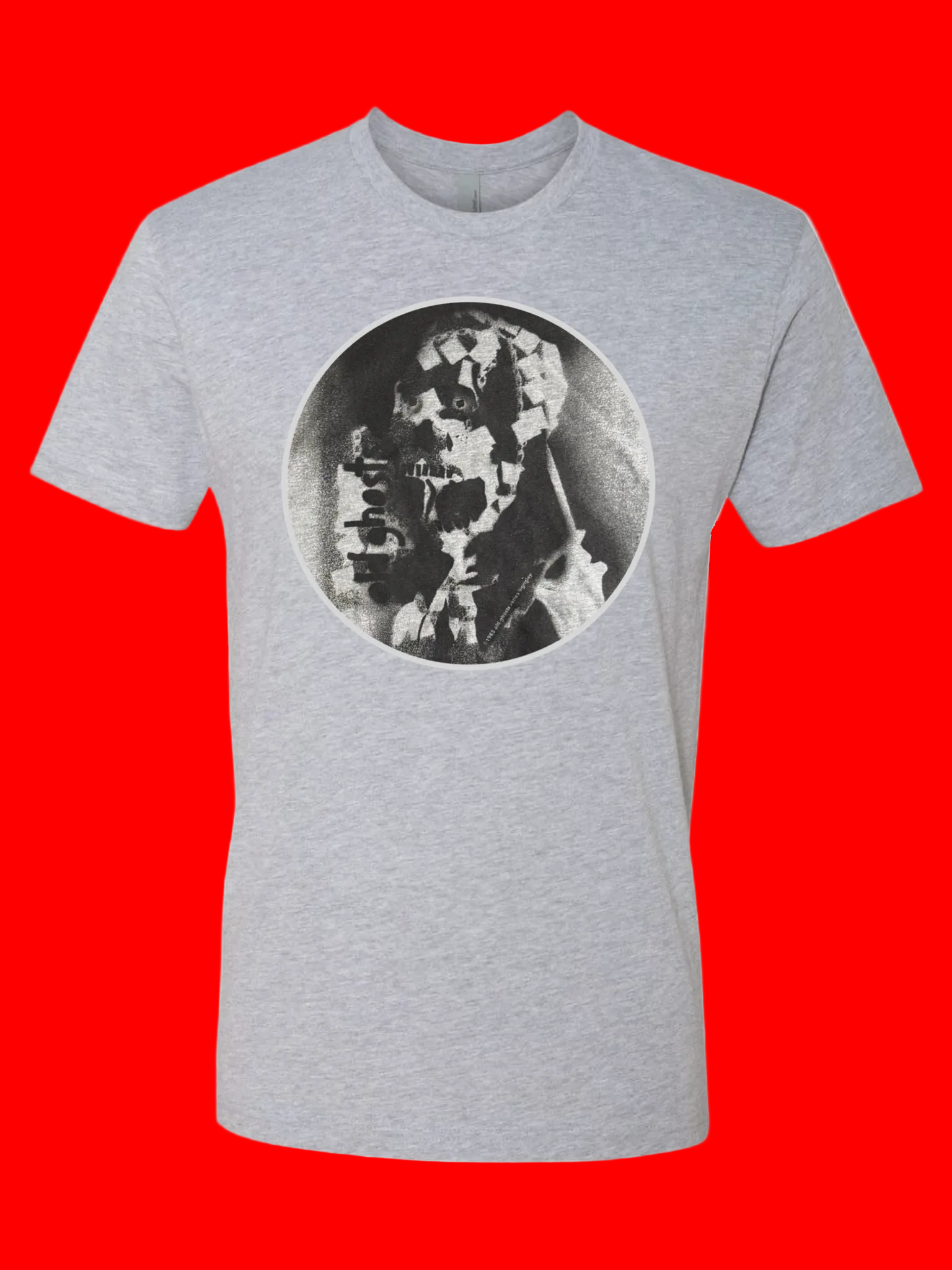 1985 OGS Spray Paint Chain Skull Circle Logo Grey Short Sleeve Tee Shirts
