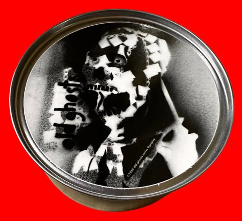 Black and white skull design on a red background